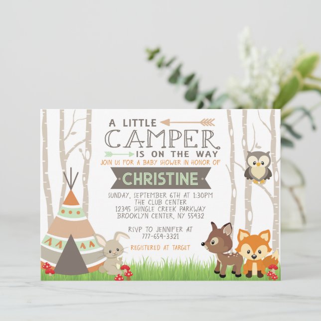 Woodland Little Camper Forest Animals Baby Shower Invitation (Standing Front)