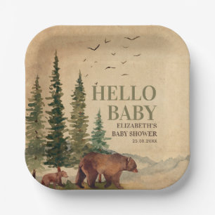 Woodland Mama Bear & Cub Vintage Baby Shower Paper Plate