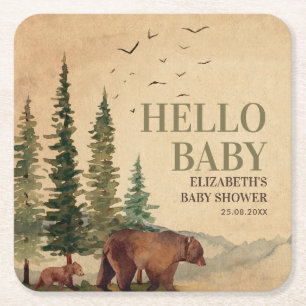 Woodland Mama Bear & Cub Vintage Baby Shower Square Paper Coaster
