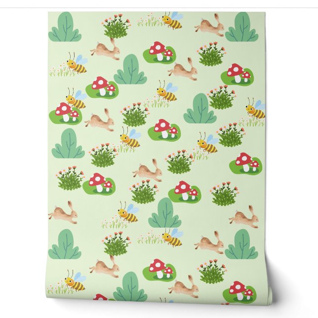 Woodland Meadow Nursery Wallpaper – Bunnies, Bees  (Unrolling)