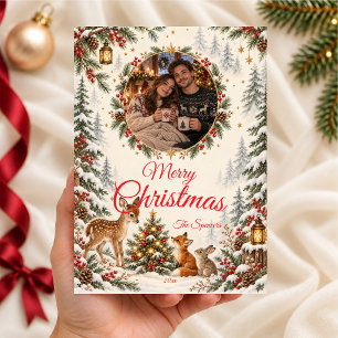 Woodland Merry Christmas Couple Portrait Holiday Card