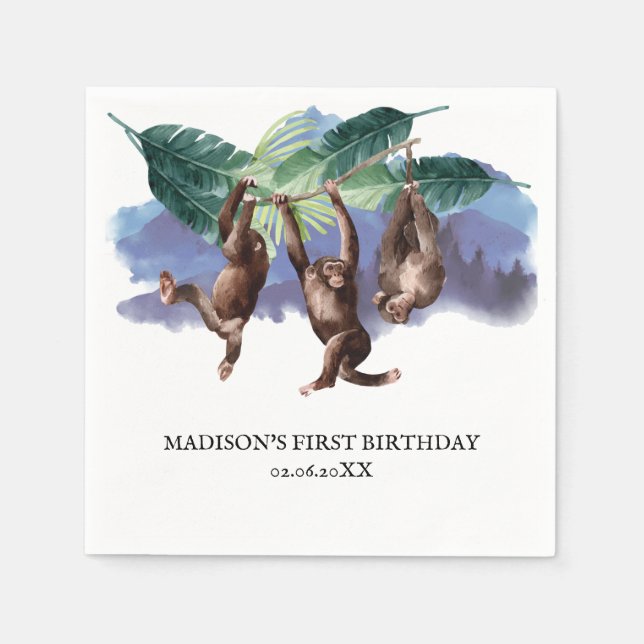 Woodland Monkey Birthday Personalized Napkin (Front)