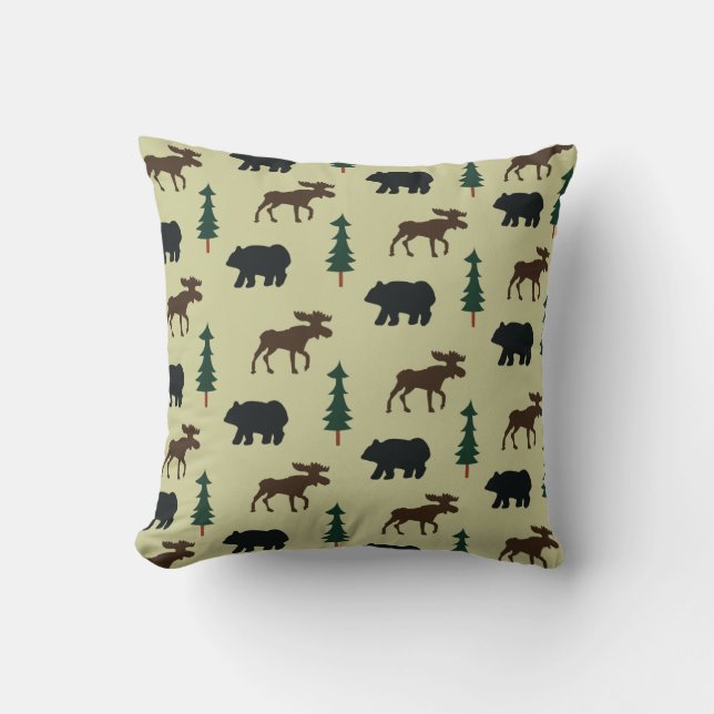 Woodland Moose and Bear Rustic Pillow - Green (Front)