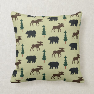 Woodland Moose and Bear Rustic Pillow - Green
