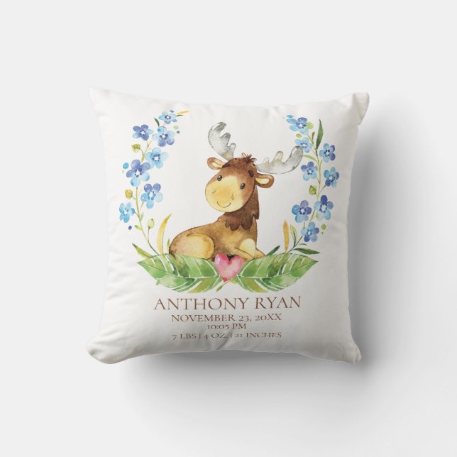 Woodland Moose Baby Birth Stats Pillow (Front)