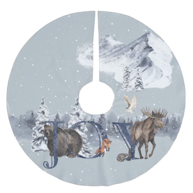 Woodland Moose Bear Snow JOY Mountain Scene Brushed Polyester Tree Skirt (Front)