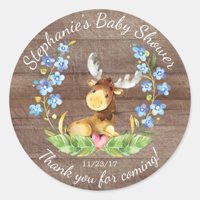 Woodland Moose Boys Baby Shower Favour Sticker (Front)
