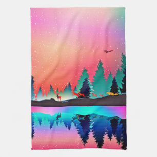 Woodland mountain aurora animals Kitchen Towel