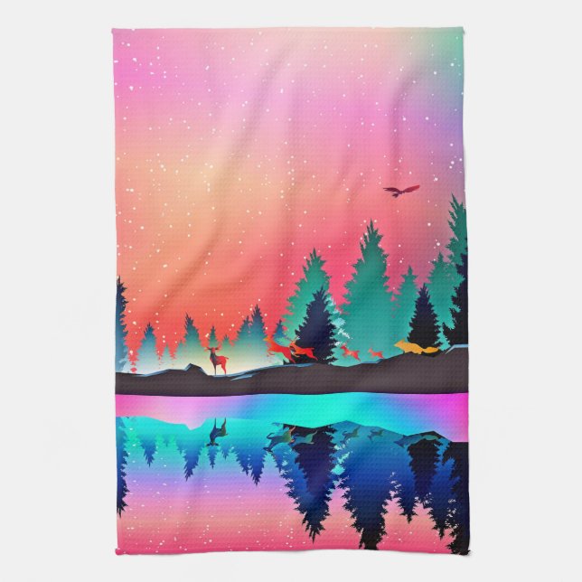  Woodland mountain aurora animals  Kitchen Towel (Vertical)