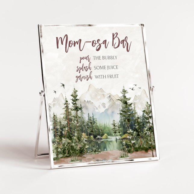 Woodland Mountain Baby Shower Mom Osa Bar Poster (Let The Adventure Begin Baby Shower Mom Osa Bar Sign)