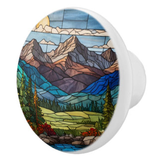 Woodland mountain scene vintage stain glass ceramic knob
