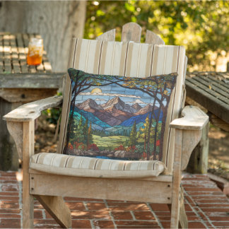 Woodland mountain scene vintage stain glass outdoor pillow