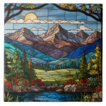 Woodland mountain scene vintage stain glass tile<br><div class="desc">A radiant stained glass scene of a majestic forest sanctuary,  where towering trees frame a stunning mountain range in the distance. Light and color intertwine to create a serene yet powerful tribute to the wild.</div>