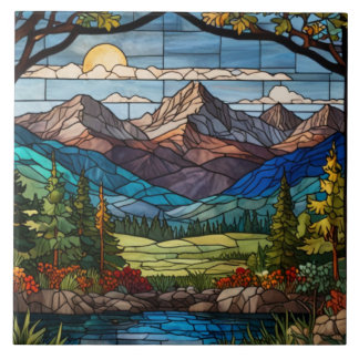 Woodland mountain scene vintage stain glass tile