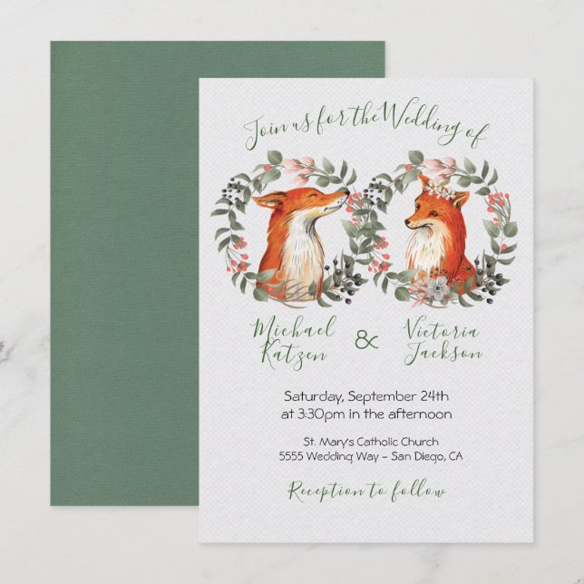 Woodland Mr. and Mrs. Fox portrait wreath Wedding Invitation (Front/Back)
