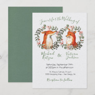Woodland Mr. and Mrs. Fox portrait wreath Wedding Invitation