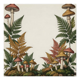 Woodland Mushroom Fern Botanical Border Design Poster