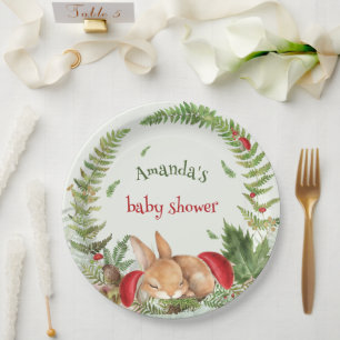 Woodland mushroom fuzzy bunny baby shower  paper plate