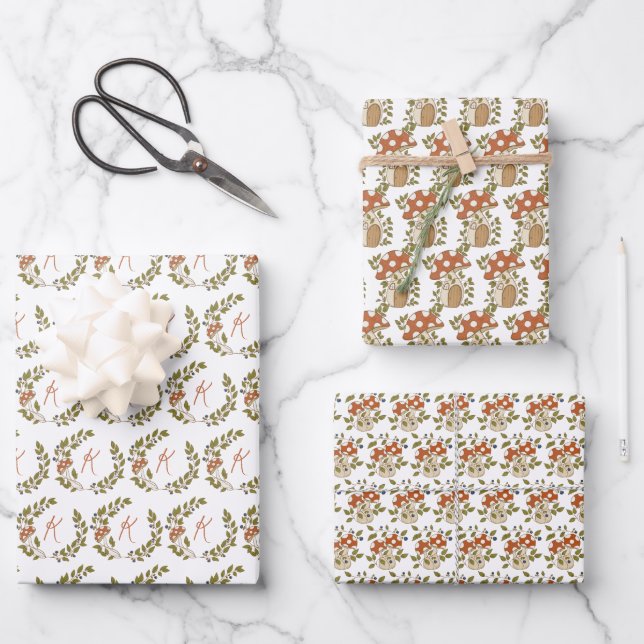 Woodland Mushroom Personalized Wrapping Paper Sheet (Front)
