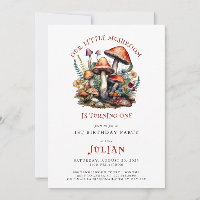 Woodland Mushrooms 1st Birthday Invitation (Front)