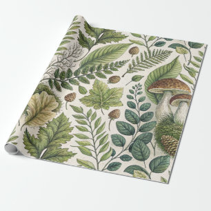 Woodland Mushrooms Pinecones Ferns Autumn Pattern Wrapping Paper