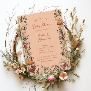 woodland mushrooms wildflowers peach baby shower  invitation
