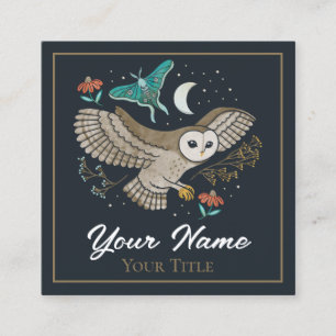 Woodland Night Barn Owl & Luna Moth Square Business Card
