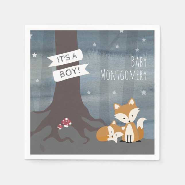Woodland Night Fox Boy Baby Shower Napkin (Front)