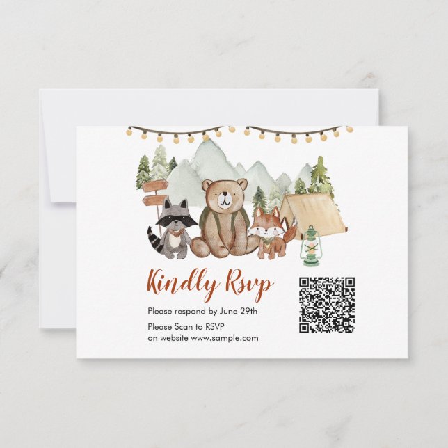 Woodland One Happy Camper Birthday Qr Carte Rsvp (Devant)