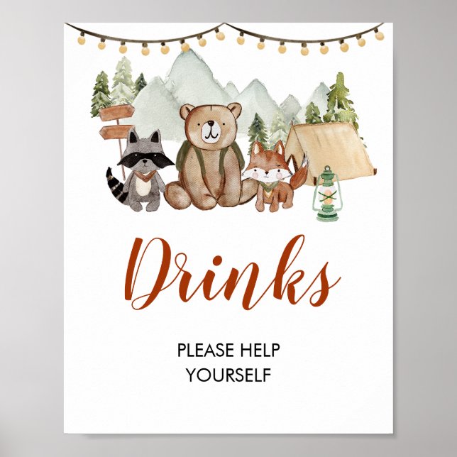 Woodland One Happy Camper First Birthday Drinks Poster (Front)