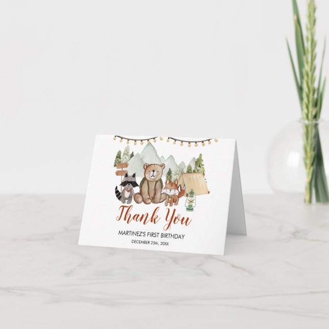 Woodland One Happy Camper First Birthday Folded Thank You Card (Front)