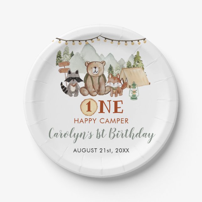 Woodland One Happy Camper First Birthday Paper Plate (Front)