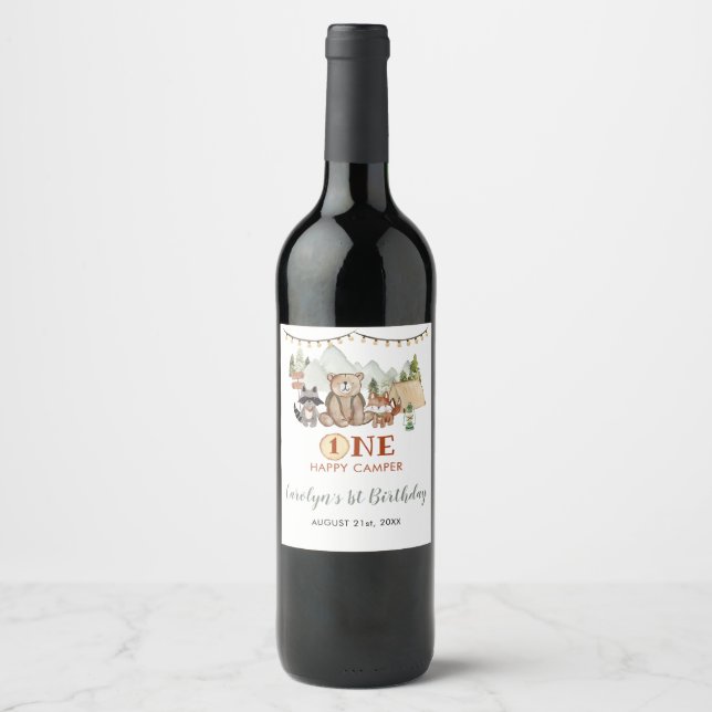 Woodland One Happy Camper First Birthday Wine Wine Label (Front)