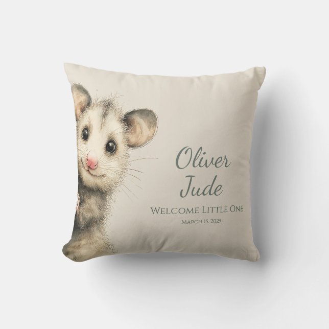 Woodland Opossum Baby • Neutral Nursery Throw Pillow (Front)