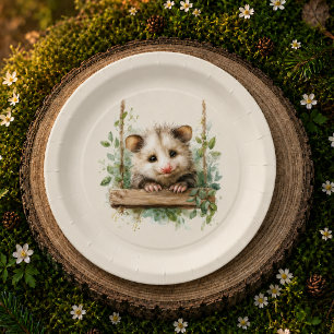 Woodland Opossum Baby Shower • Neutral Paper Plate