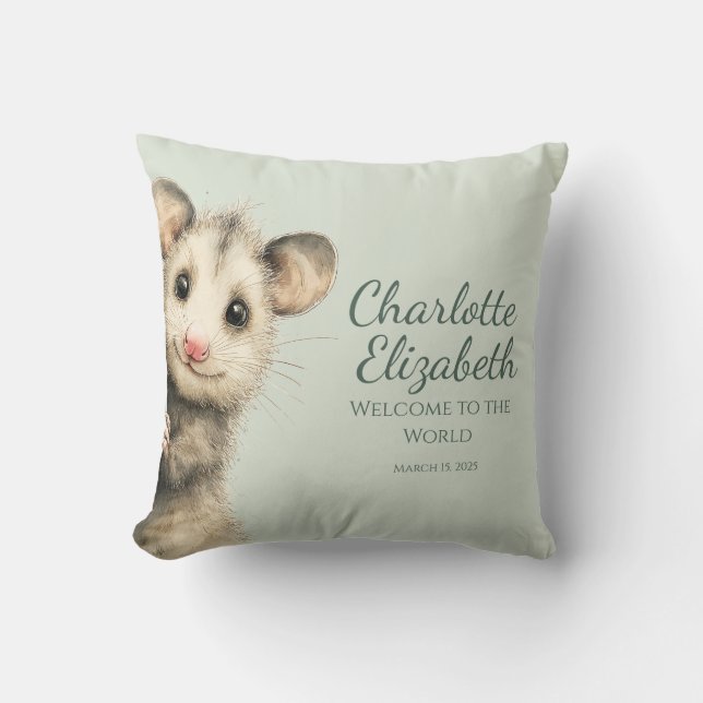 Woodland Opossum Baby Throw Pillow (Front)