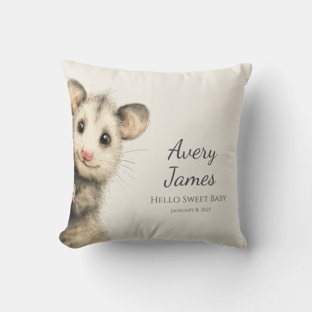 Woodland Opossum Baby • Warm Cream Nursery Throw Pillow (Front)
