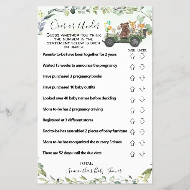 Woodland Over or Under Baby Shower Game card (Front)