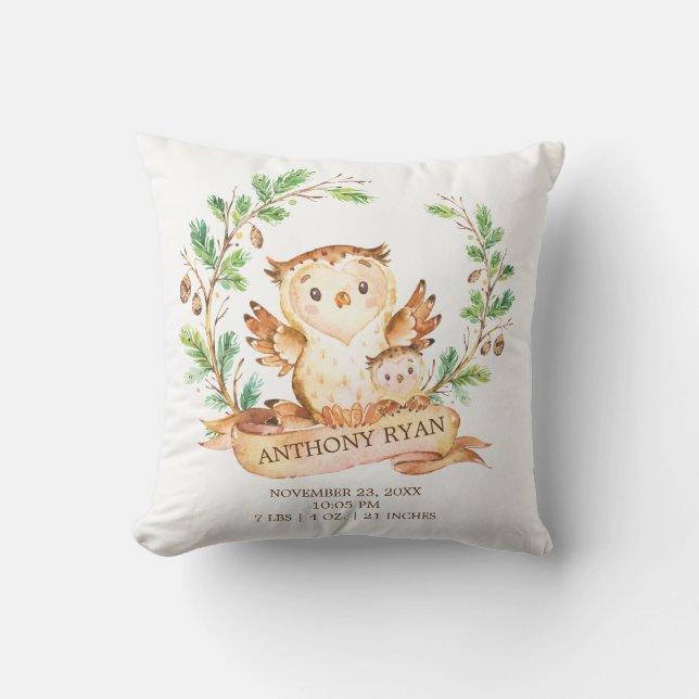 Woodland OWL Baby Birth Stats Coussin (Recto)