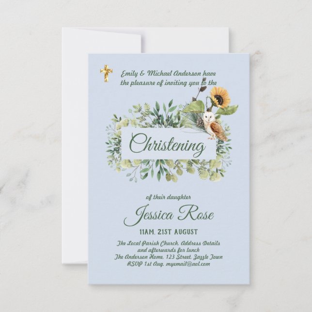 Woodland Owl Boys Christening Invites Baptism  (Front)