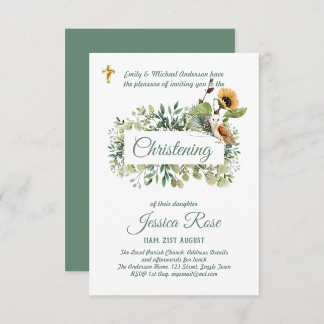 Woodland Owl Christening Invites Baptism  (Front/Back)