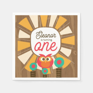 Woodland Owl First Birthday Invitation – One Year Napkin