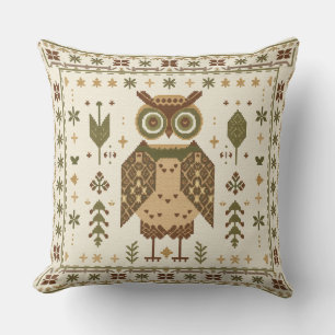 Woodland Owl Folk Throw Pillow