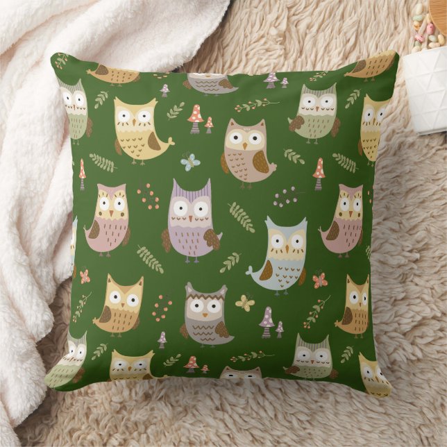 Woodland Owl Pattern, Green Throw Pillow (Blanket)