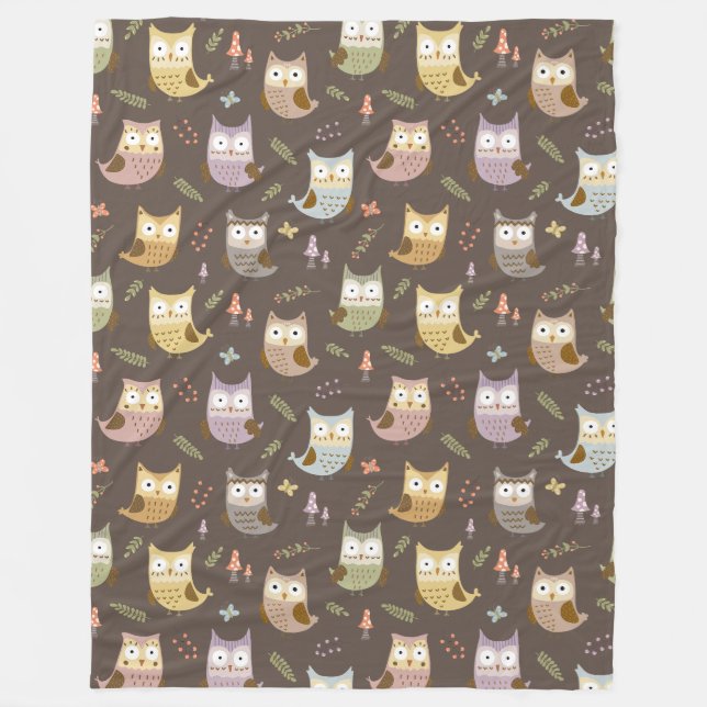 Woodland Owl Pattern, Kids Brown Fleece Blanket (Front)