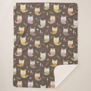 Woodland Owl Pattern, Kids Brown Sherpa Blanket