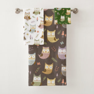 Woodland Owl Pattern, Kids Brown White and Green Bath Towel Set