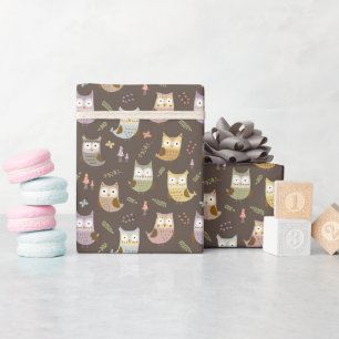 Woodland Owl Pattern, Kids Brown Wrapping Paper