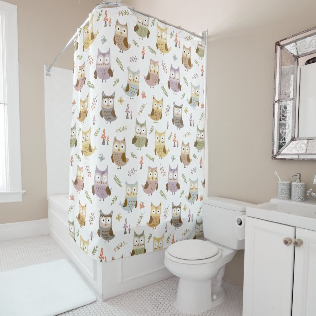 Woodland Owl Pattern, Kids White Bathroom (In Situ)