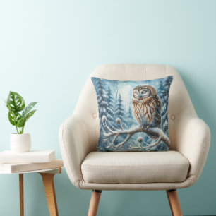 Woodland Owl Serene Winter Forest Wildlife Throw Pillow